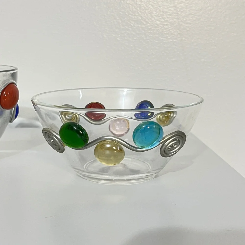Set of 2 ARC FRANCE‎ Clear Glass Bowls Swirl Wire Colorful Gem Accent